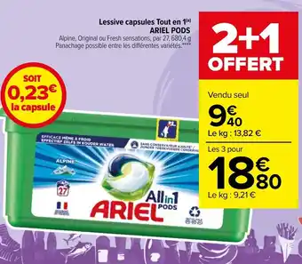 Carrefour Market Lessive capsules Tout en 1 Ariel Pods offre