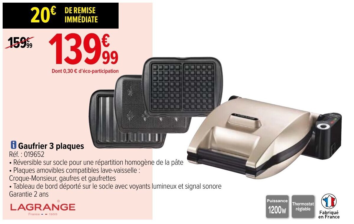 Promo Gaufrier 3 plaques chez Carrefour