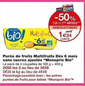 Monoprix Purée De Fruits Multifruits Dès 3 Mois Sans Sucres Ajoutés offre