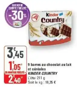 G20 Kinder Country 9 barres au chocolat au lait et cereales offre