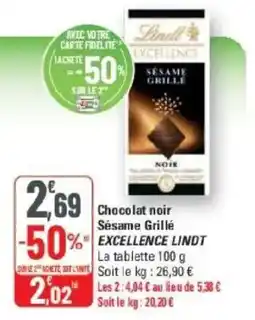 G20 Lindt Chocolat noir Sésame Grillé offre