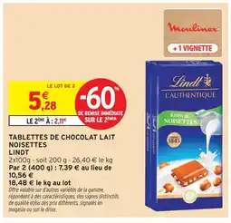 Intermarché Hyper Lindt tablettes de chocolat lait noisettes offre
