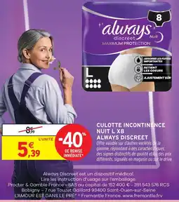 Intermarché Always discreet culotte incontinence nuit l x8 offre