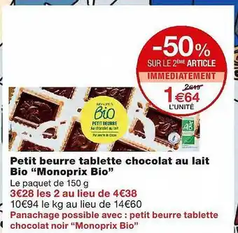 Monoprix Petit Beurre Tablette Chocolat Au Lait Bio offre