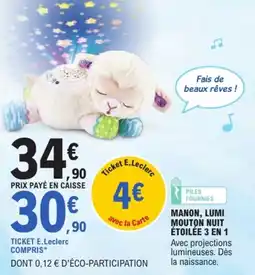 Jouet E.Leclerc MANON, LUMI MOUTON NUIT ÉTOILÉE 3 EN 1 offre