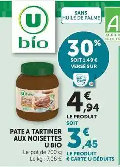 Super U U - pate a tartiner aux noisettes bio offre