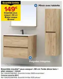 Castorama Teide Ensemble meuble(sous-vasque l. 80 cm décor bois + plan vasque + miroir) offre