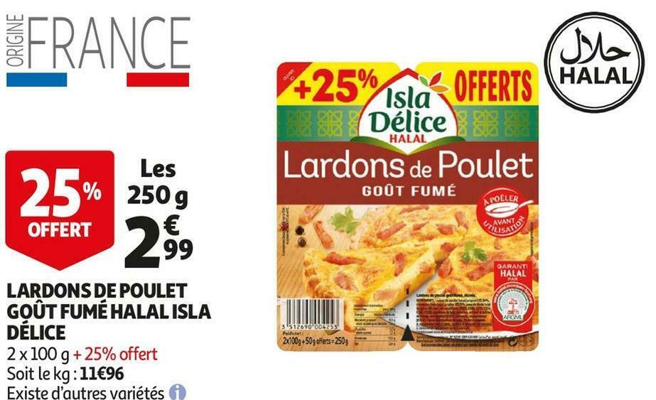 Promo Isla délice lardons de poulet goût fumé halal chez Auchan