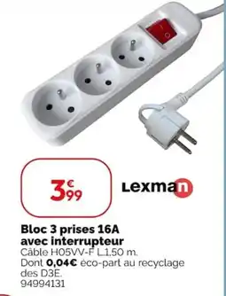 Weldom Lexman Bloc 3 prises 16A avec interrupteur offre