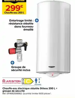 Castorama Ariston chauffe-eau électrique stéatite stileos 200 l + groupe de sécurité offre