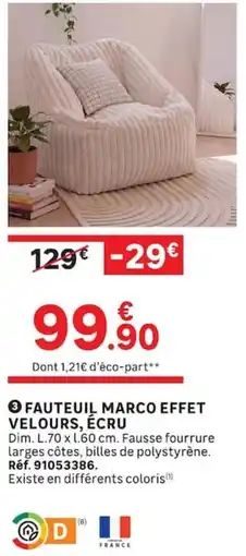 Leroy Merlin FAUTEUIL MARCO EFFET VELOURS, ÉCRU offre