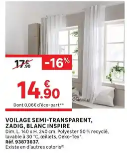 Leroy Merlin ZADIG VOILAGE SEMI-TRANSPARENT, BLANC INSPIRE offre