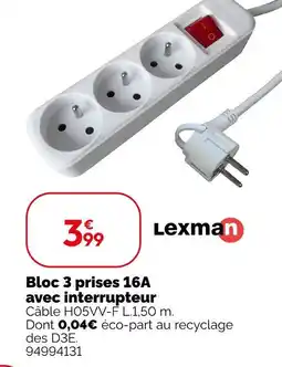 Weldom Lexman bloc 3 prises 16a avec interrupteur offre