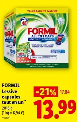 Lidl FORMIL Lessive capsules tout en un offre
