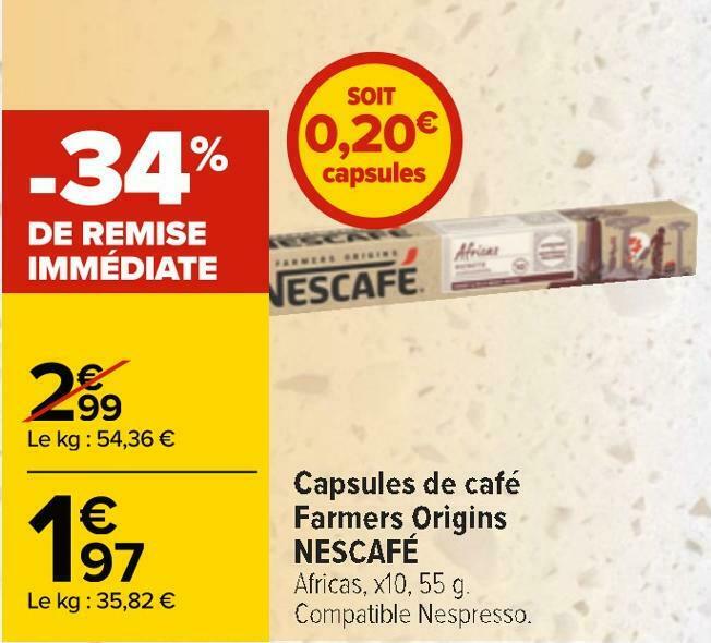 Promo Nescafé capsules de café farmers origins chez Carrefour