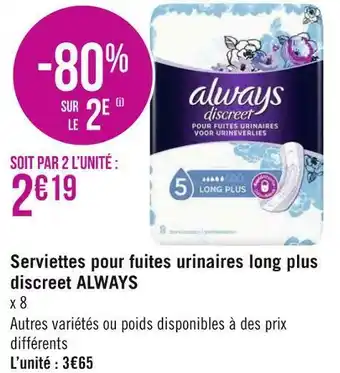 Géant Casino Always serviettes pour fuites urinaires long plus discreet offre