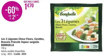 Géant Casino Bonduelle les 3 légumes choux fleurs, carottes, brocolis précuits vapeur surgelés offre