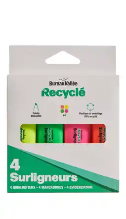 Bureau Vallée Bureau vallée recyclé - 4 surligneurs - jaune, orange, vert et rose offre