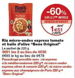 Monoprix Bens Original Riz micro-ondes express tomate et huile d'olive offre