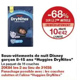 Monoprix Huggies DryNites sous-vetements de nuit disney garcon 8-15 ans offre