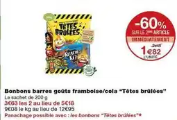 Monoprix Francaise - bonbons barres goûts framboise/cola têtes brûlées offre