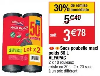 Cora x Carrefour Sacs poubelle maxi poids 50 L ALFAPAC offre