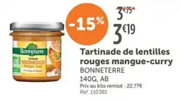 L'Eau Vive BONNETERRE Tartinade de lentilles rouges mangue-curry offre