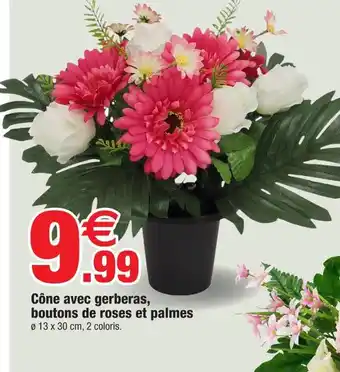 Cône avec gerberas, boutons de roses et palmes
