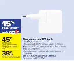 Carrefour Apple Chargeur secteur 30W offre