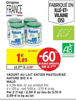 Intermarché Malo yaourt au lait entier pasteurisé nature bio x 4 offre