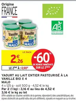 Intermarché Malo yaourt au lait entier pasteurisé à la vanille bio offre