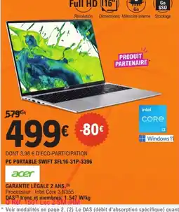 E.Leclerc acer PC PORTABLE SWIFT SFL16-31P-3396 offre