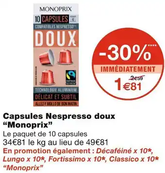 Monoprix Monoprix capsules nespresso doux offre