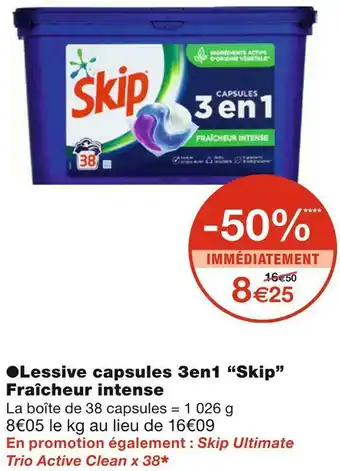 Monoprix Skip lessive capsules 3en1 fraîcheur intense offre