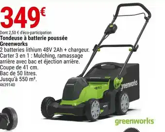 Gamm vert Greenworks tondeuse à batterie poussée offre