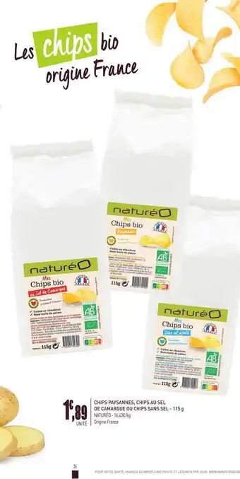 naturéO Chips Paysannes, Chips Au Sel De Camargue Ou Chips Sans Sel 115 G Natureo offre