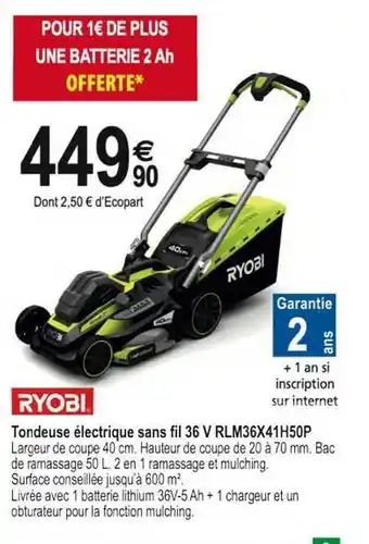 Tridôme Ryobi Tondeuse Electrique Sans Fil 36 V Rlm36x41h50p offre