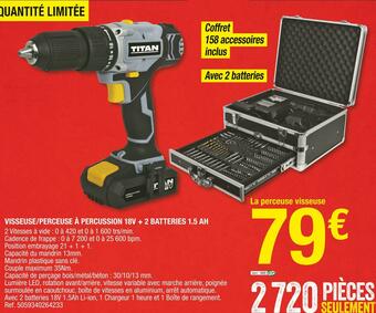 Brico Dépôt Visseuse/perceuse à percussion 18v + 2 batteries 1.5 ah offre