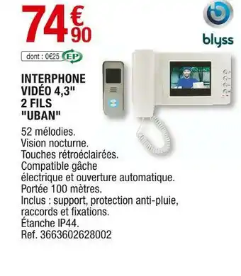 Brico Dépôt Blyss interphone vidéo 4,3" 2 fils "uban" offre
