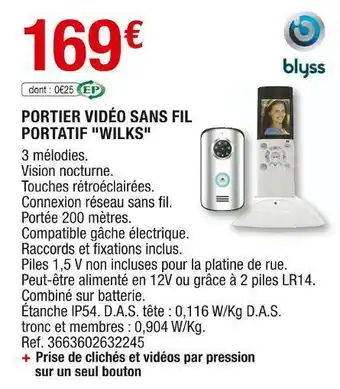 Brico Dépôt Blyss portier vidéo sans fil portatif wilks offre