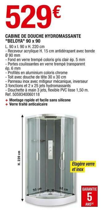 Brico Dépôt Cabine de douche hydromassante "beloya" 90 x 90 offre