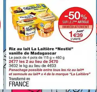 Monoprix Riz Au Lait La Laitière offre
