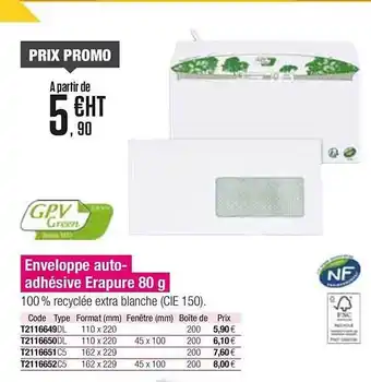 Plein ciel Enveloppe Auto Adhésive Erapure Gpv Green offre