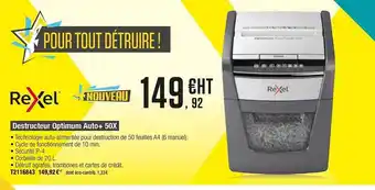 Plein ciel Destructeur Optimum Auto+50x Rexel offre