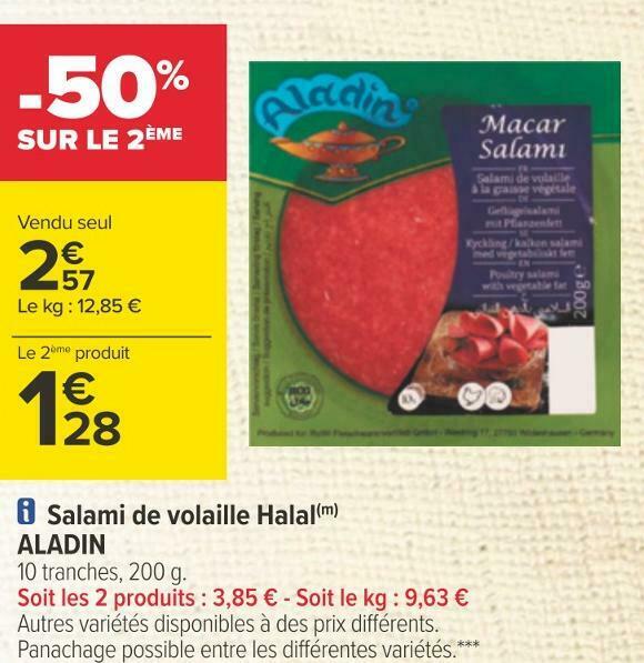 Promo Aladin salami de volaille halal chez Carrefour