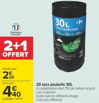 Carrefour 20 sacs poubelle 30l offre