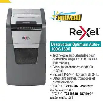 Plein ciel Destructeur Optimum Auto+ 100x 150x Rexel offre