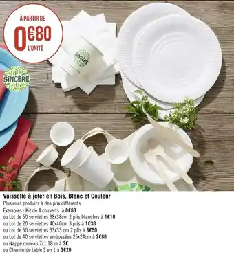 Géant Casino Sincère vaisselle à jeter en bois, blanc et couleur offre