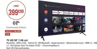 Géant Casino Continental edison tv led 58’’ (146 cm) offre