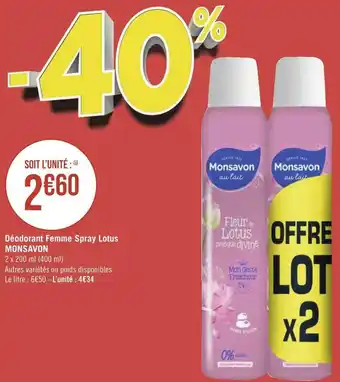 Géant Casino Monsavon déodorant femme spray lotus offre